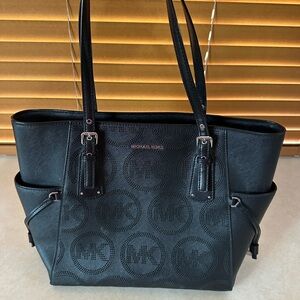 Michael Kors Black Perforated MK Logo Tote with Side Pockets